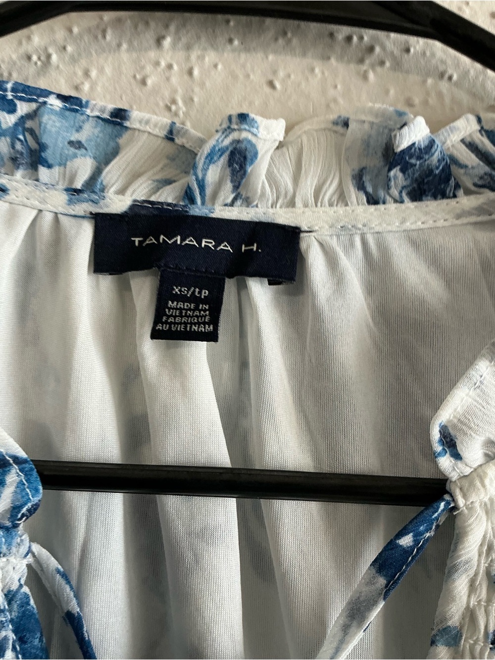 Smocked Yoke Floral Tie-Neck Blouse - White/Blue - Picture 2 of 3